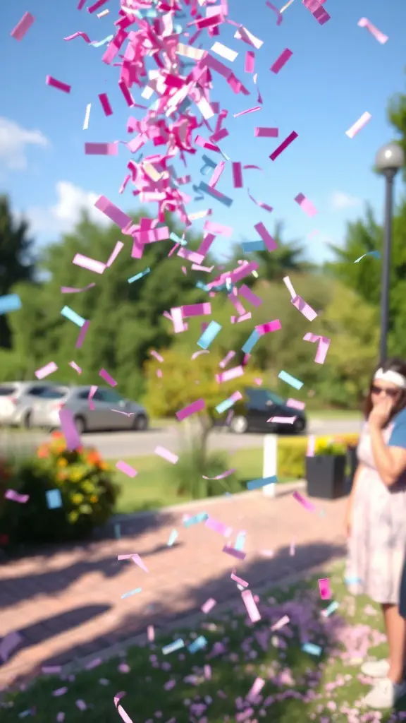 Colorful confetti falling in the air with a woman in the background, representing a gender reveal moment.