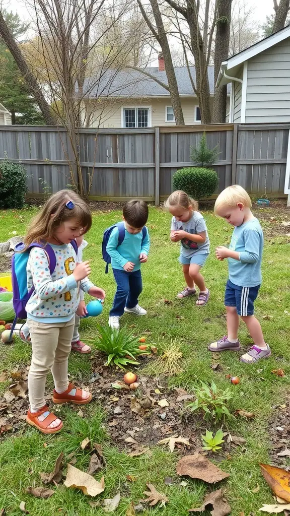 Children participating in a nature scavenger hunt in a backyard.