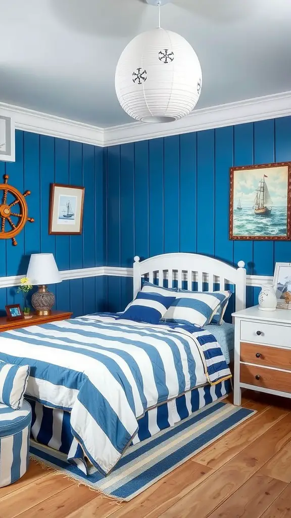 A nautical-themed bedroom with blue walls, striped bedding, and nautical decorations.
