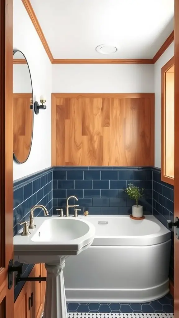 A bathroom featuring navy blue walls, warm wooden cabinetry, a round mirror, white sink, and vintage-style bathtub.