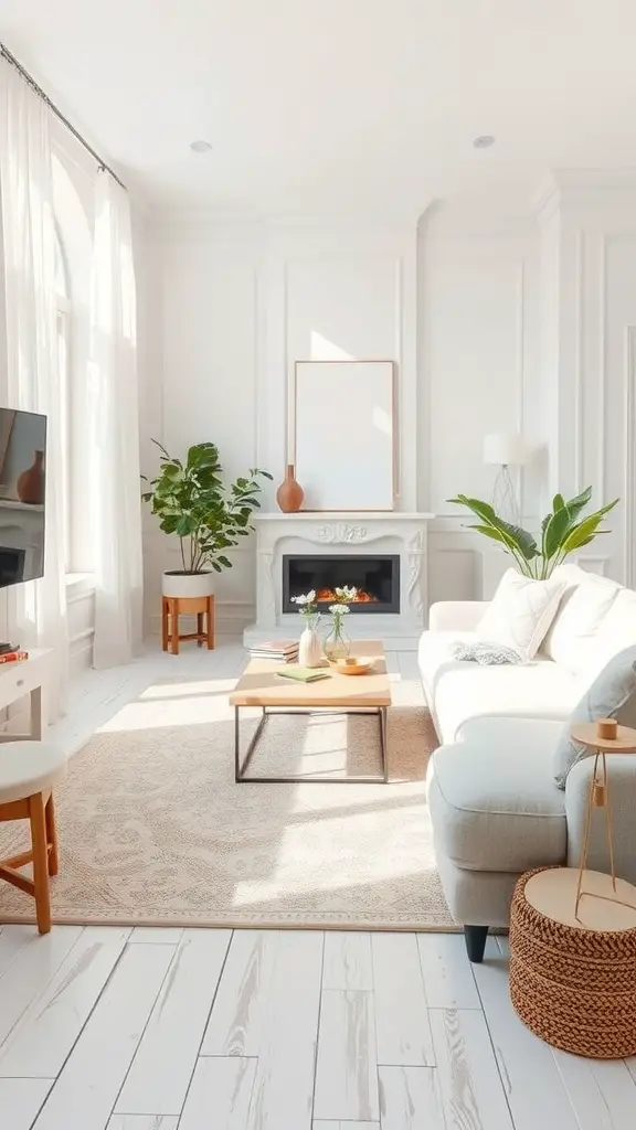 A light and airy living room featuring a neutral area rug that complements a white sofa and decor.