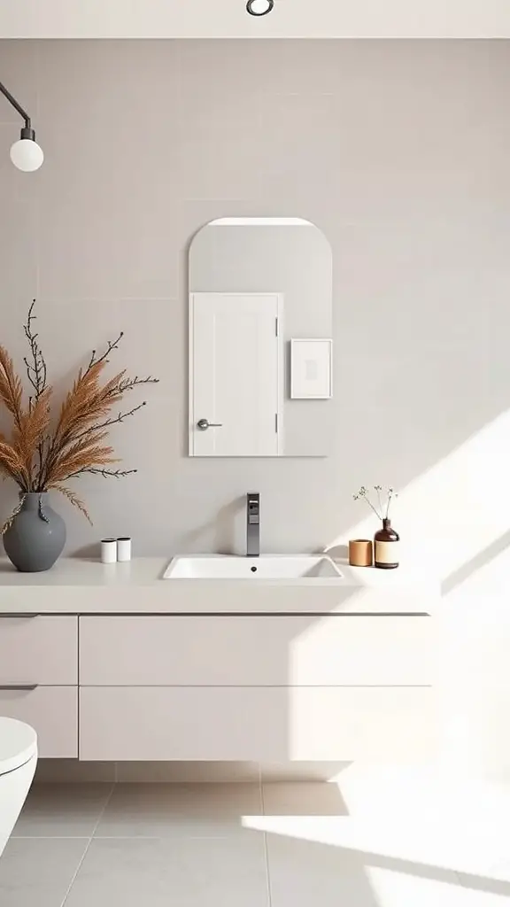 A minimalistic bathroom featuring a neutral color palette with a sleek vanity, dried plants, and soft lighting.