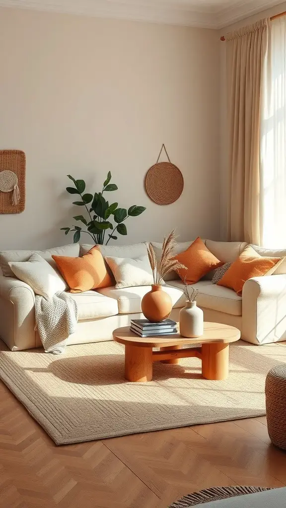 Cozy neutral living room with beige walls, white sofa, orange pillows, wooden coffee table, and plants.