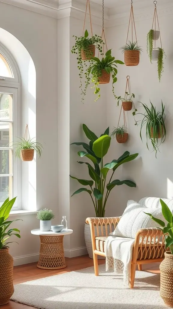 A serene bathroom with neutral colors, wooden accents, and green plants.
