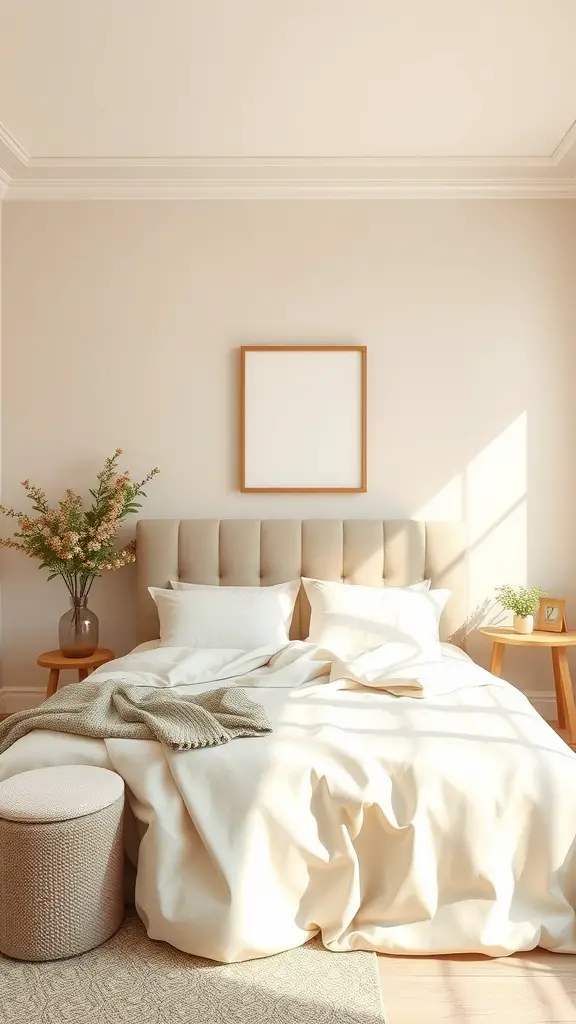 A serene master bedroom with neutral colors, featuring a cozy bed, textured throw, and natural light.