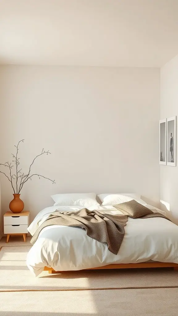 A serene Japandi-style bedroom with a neutral color palette, featuring a cozy bed, warm throw, and minimal decor.