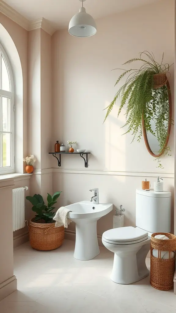 A tranquil bathroom with peach walls, white fixtures, and plants, showcasing a Japandi design.