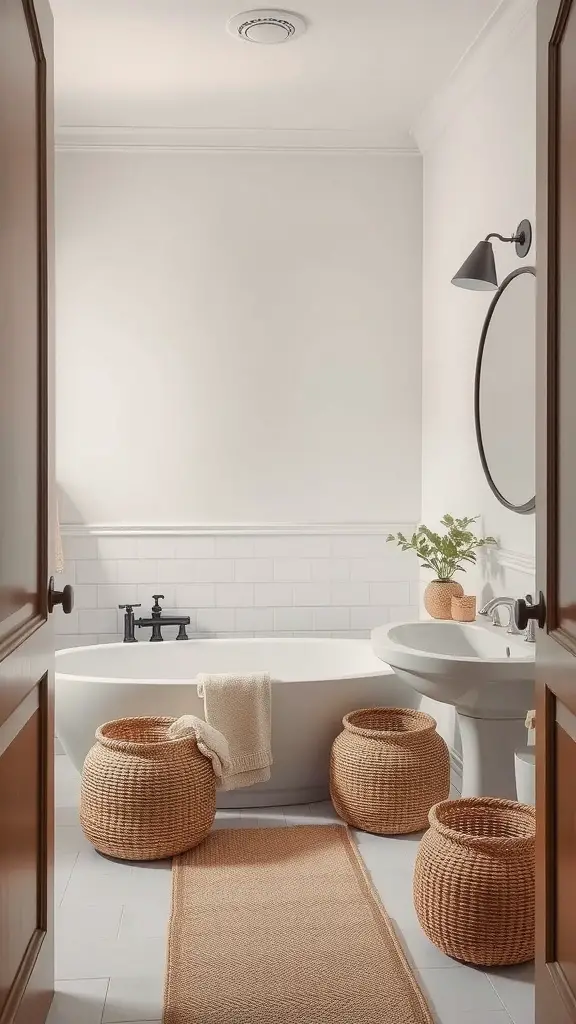 A neutral-colored Jack and Jill bathroom featuring a soaking tub, sink, and woven baskets for storage.