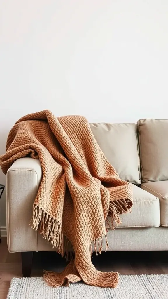 A neutral sofa with a warm terracotta throw draped over it, creating a cozy living room setting.