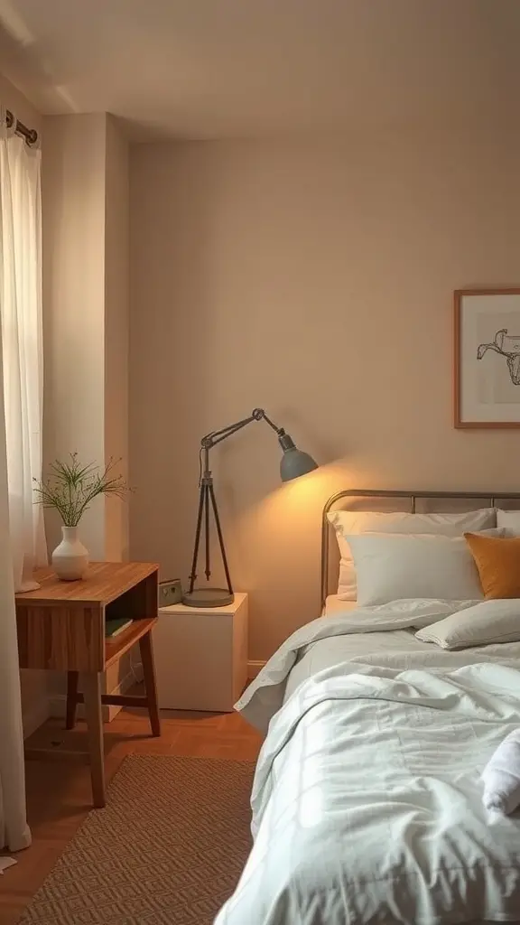 Cozy bedroom featuring neutral tones with warm lighting, a wooden bedside table, and soft bedding.