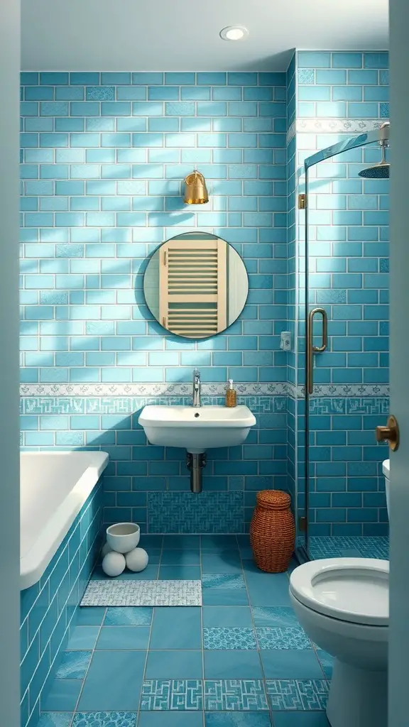 A stylish bathroom featuring ocean-inspired blue tiles, a round mirror, and warm accents.