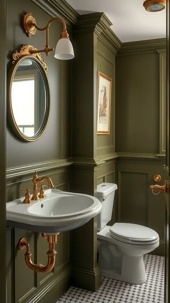 A bathroom decorated in olive green with antique gold fixtures and accents.