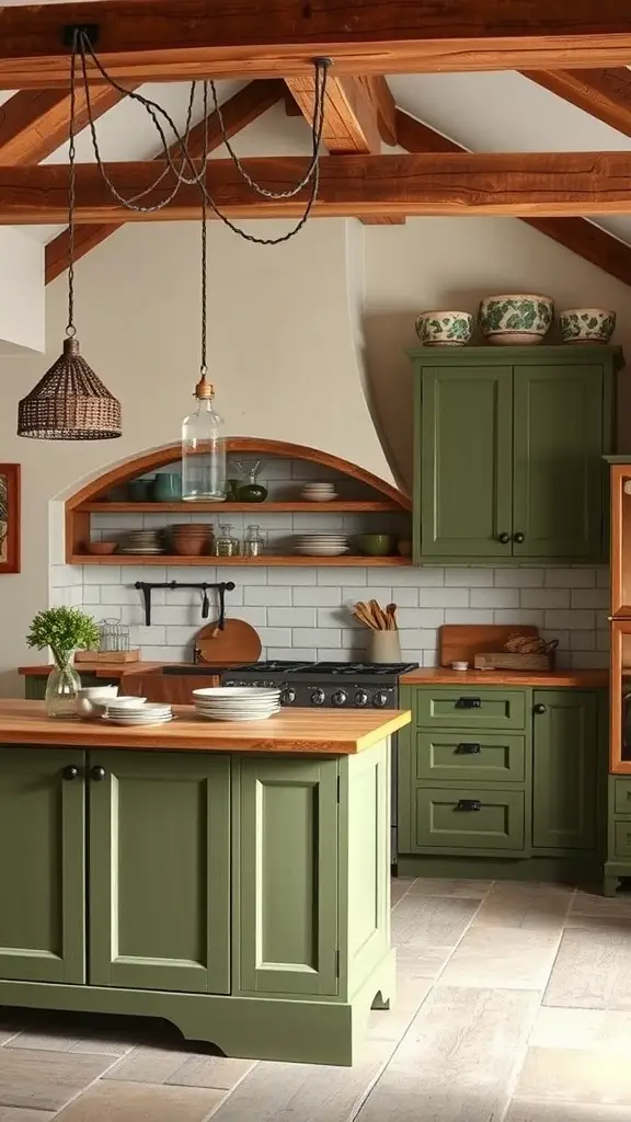 A cozy kitchen featuring olive green cabinets, rustic wooden beams, and a warm wooden table, creating a natural and inviting atmosphere.
