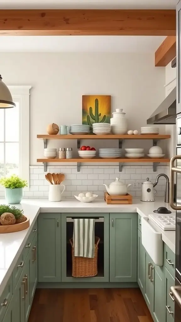 A beach house kitchen with open shelving displaying colorful dishware, including plates, mugs, and decorative items like starfish.