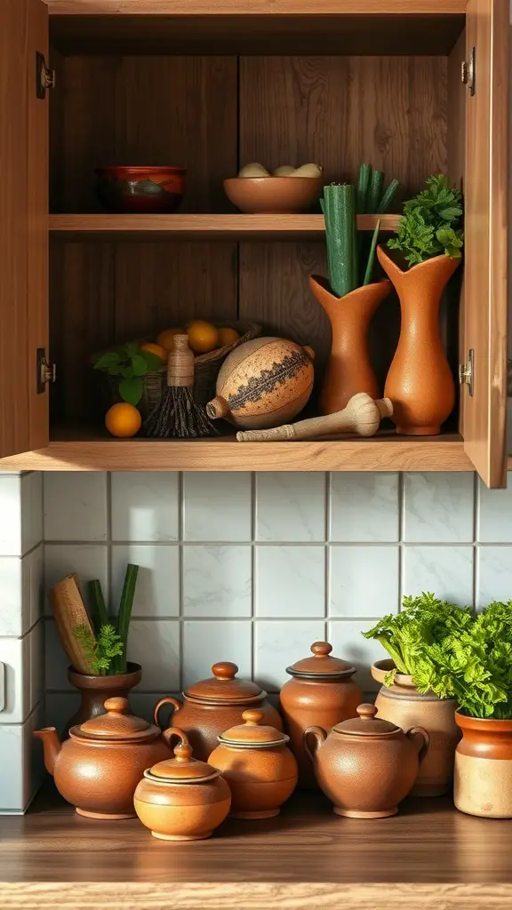 Open shelving in a rustic kitchen with earthy pottery and fresh vegetables