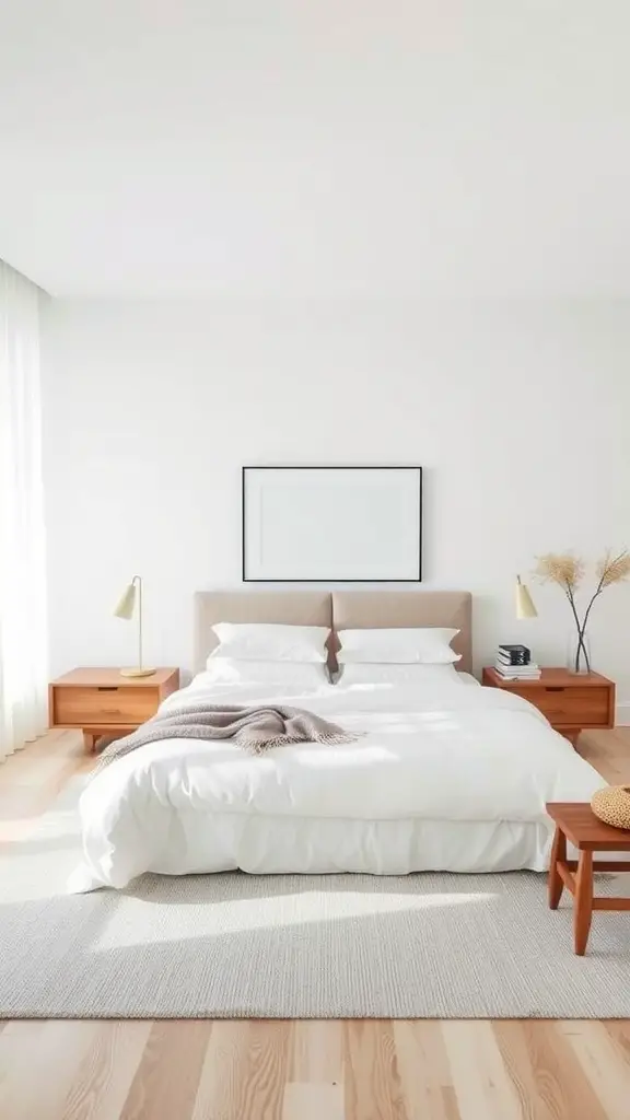 A minimalist bedroom with a king-sized bed, warm wooden floors, and simple decor.