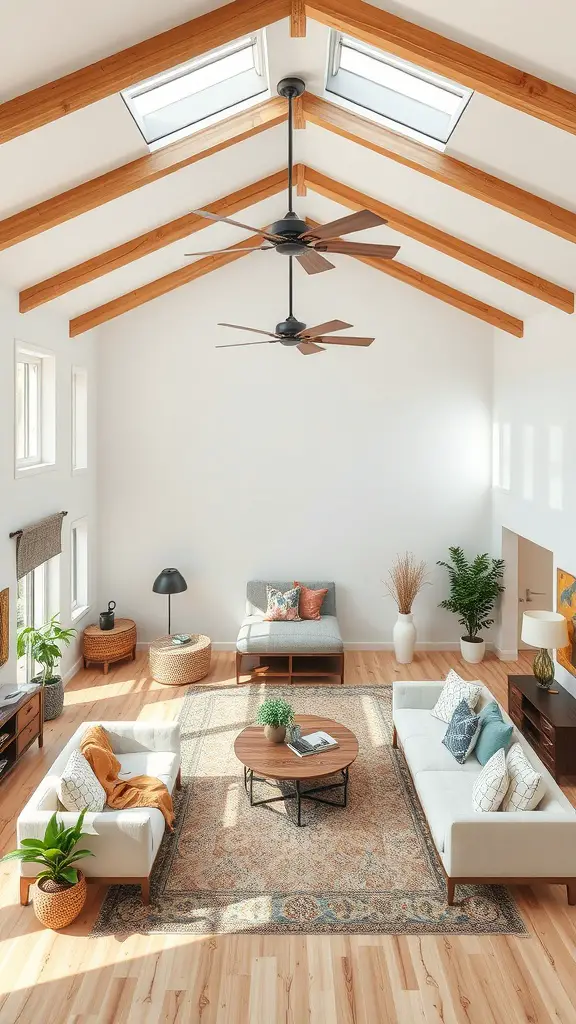 A bright and open living room with large windows, soft furnishings, and plants, creating a peaceful retreat.