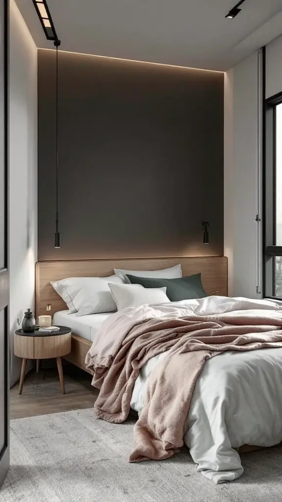 A minimalist bedroom with a wooden bed, light bedding, and simple decor elements.