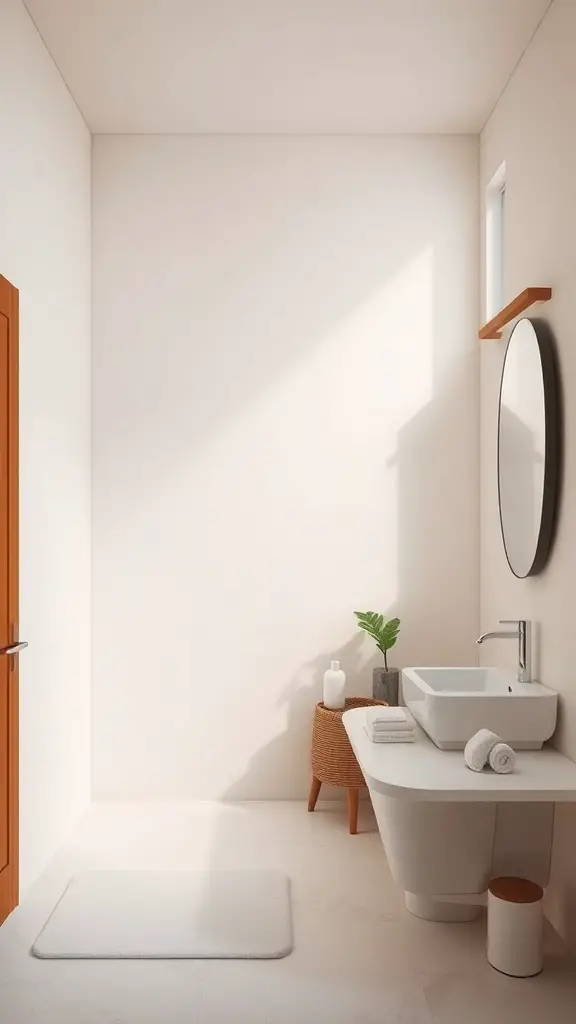 A minimalist bathroom with a clean design and potential for an orange accent wall.