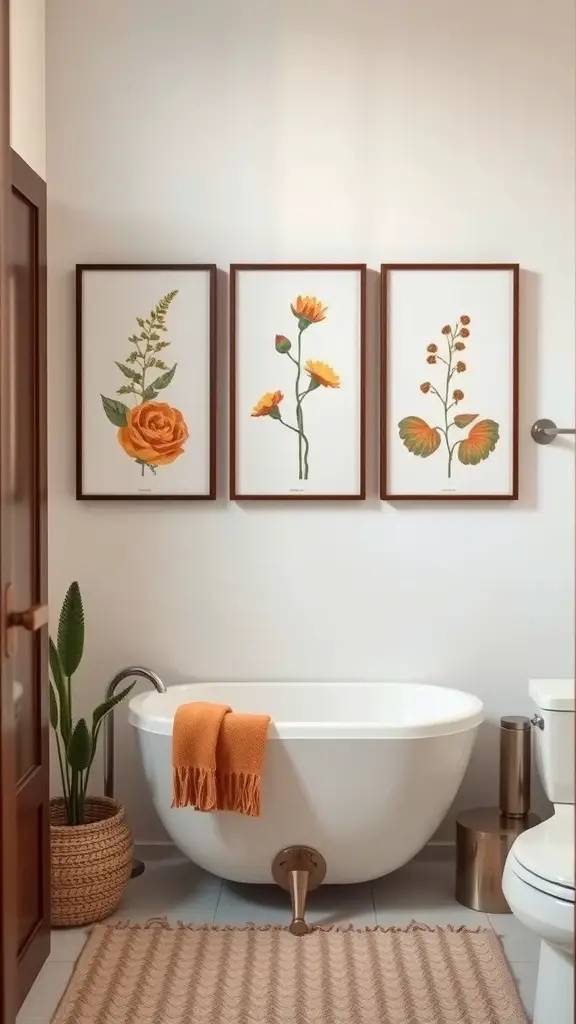 Three framed orange botanical prints above a bathtub in a cozy bathroom setting.