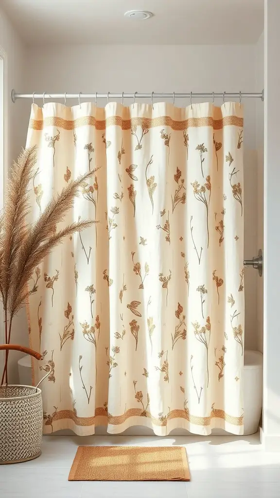 Organic cotton shower curtain with floral patterns in a modern bathroom setting