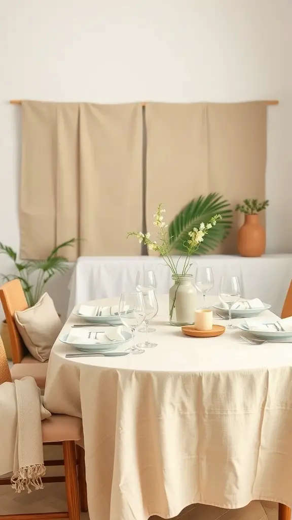 A beautifully set table with organic cotton table linens in beige, featuring glassware, a candle, and a vase with flowers.