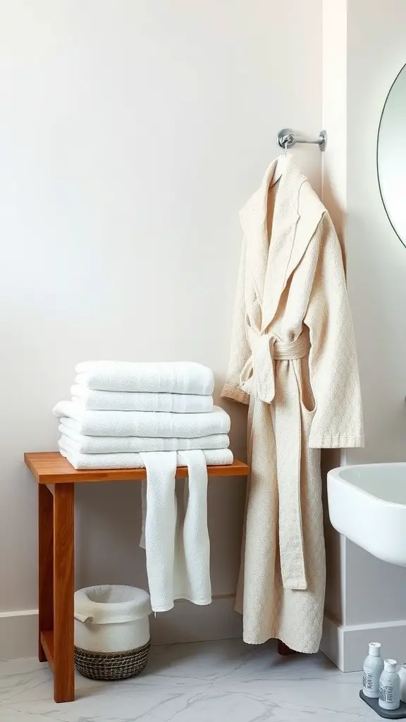 Spa bathroom with organic cotton textiles including towels and a robe.