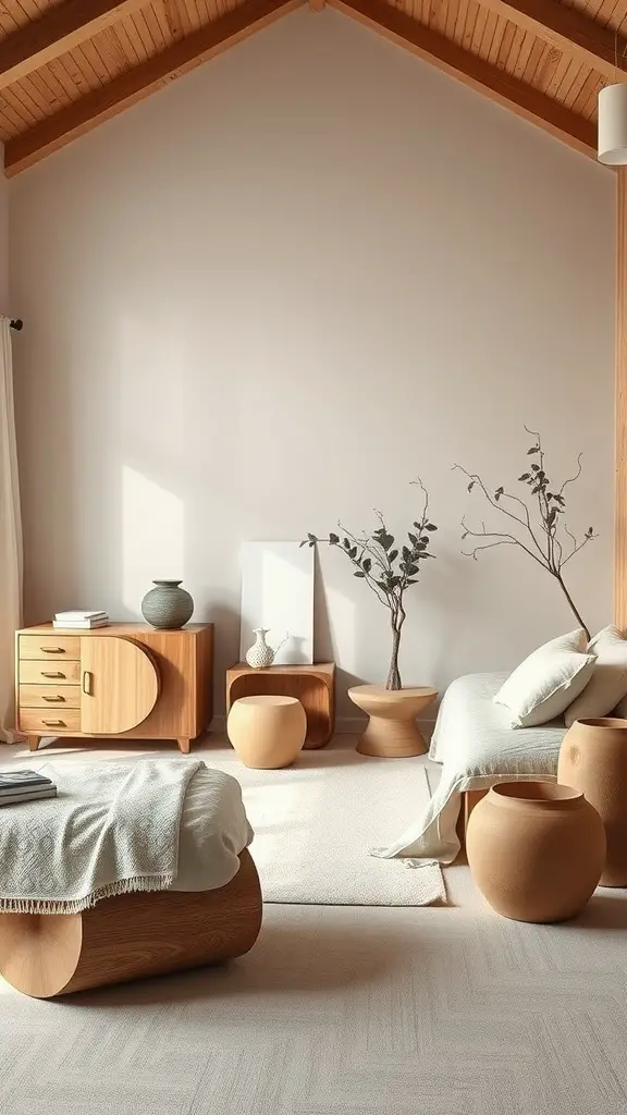 A serene master bedroom featuring organic-shaped furniture, including rounded tables and soft textures, creating a nature-inspired retreat.