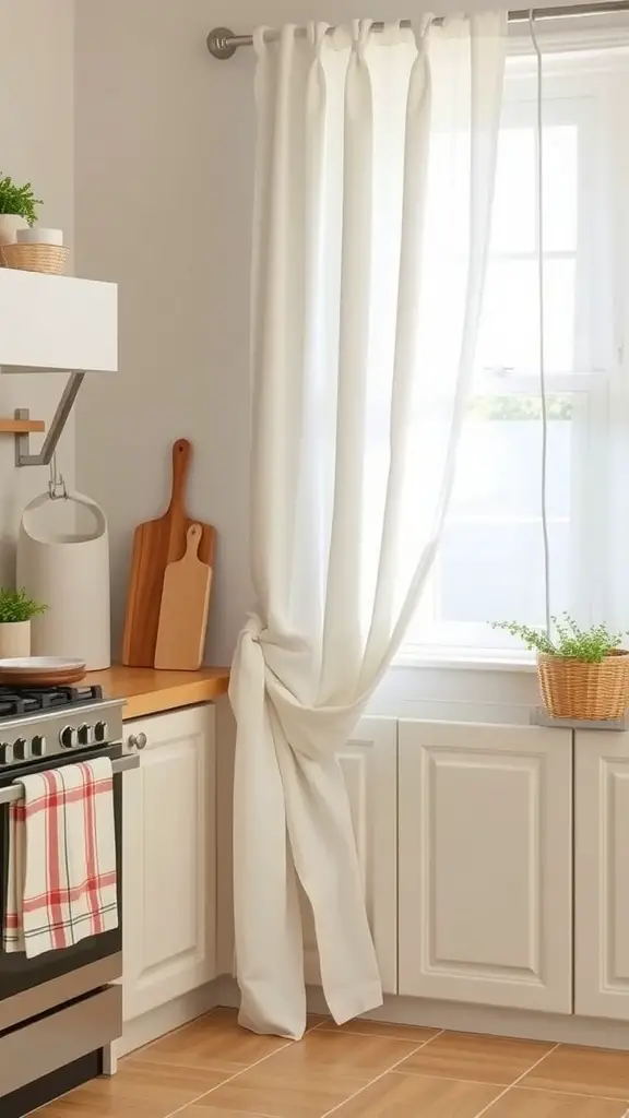 A cozy kitchen corner with white curtains and wooden cutting boards.