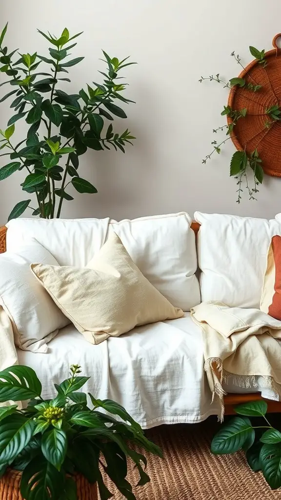 A cozy sofa with cream organic textiles, cushions, and indoor plants.