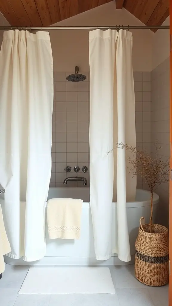 A serene bathroom featuring organic textiles, soft cream curtains, a plush bath mat, and a woven basket.