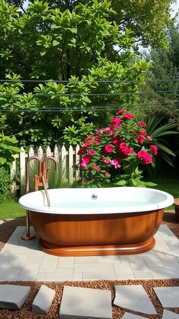 An outdoor bathtub surrounded by greenery, featuring golden feet and vibrant plants.
