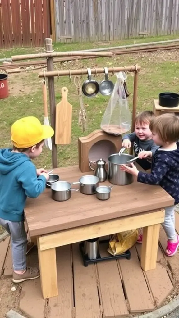 Two children playing in a mud kitchen outdoors with pots and utensils