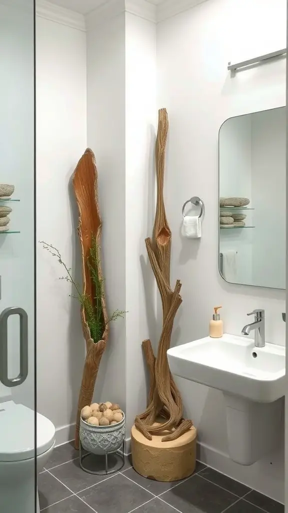 A modern bathroom featuring natural wood elements and potted plants.