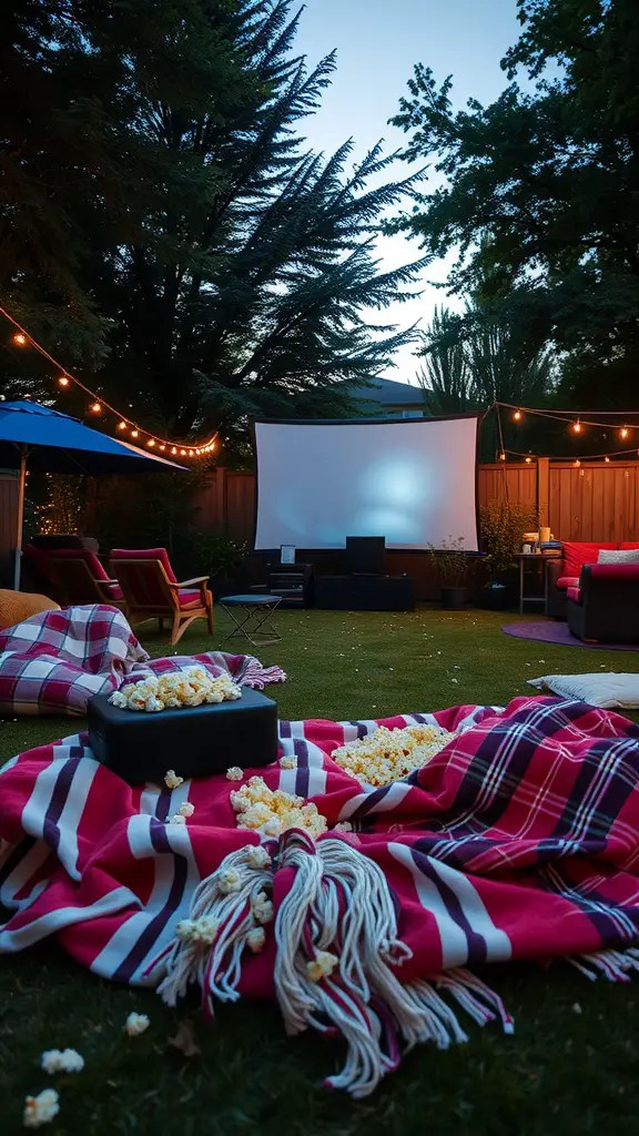 Cozy outdoor movie setup with blankets, popcorn, and a screen under the stars.