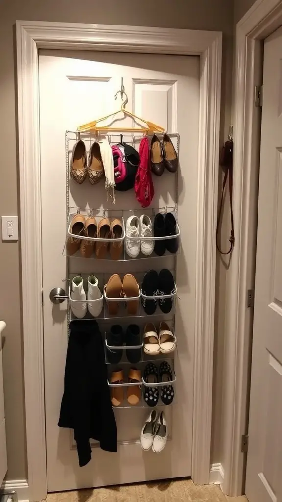 Over-the-door shoe organizer with various pairs of shoes and accessories hanging on a door.