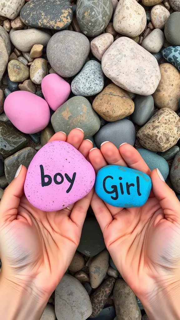 Hands holding painted rocks in various colors, with some displaying messages.