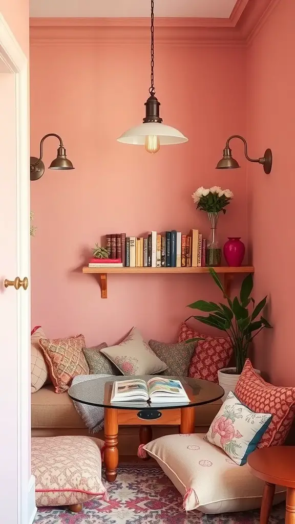 Cozy living room with pale clay pink walls, vintage portrait, and earthy decor.
