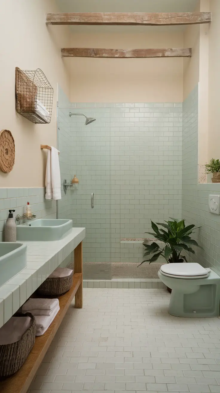 A bathroom featuring pale mint tiles and natural wood accents