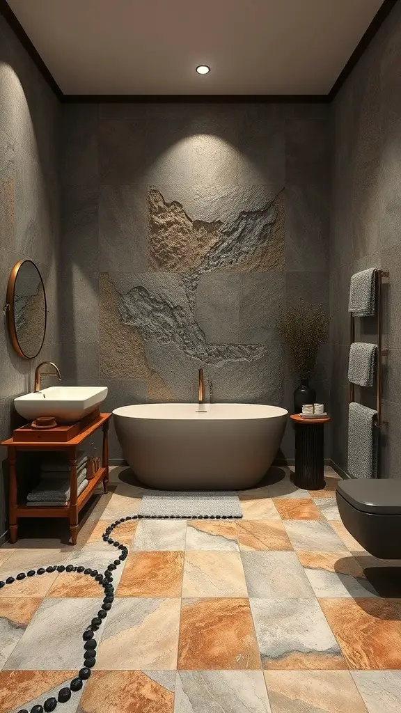 A cozy bathroom featuring pebble and river stone details, with earthy tones and a tranquil atmosphere.