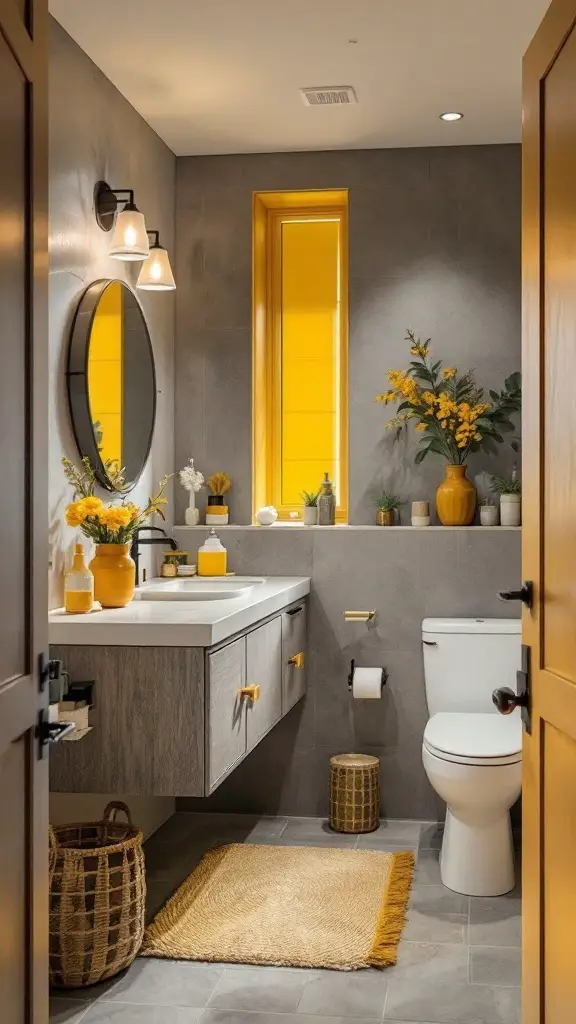 A modern bathroom featuring pebble gray walls and bright mustard accents, including a pendant light and towels.