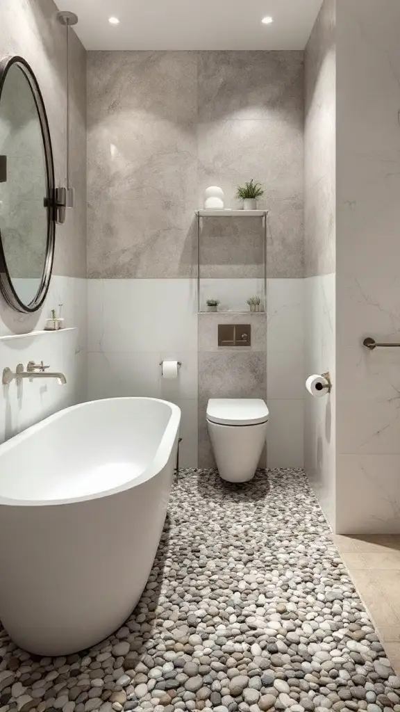 A modern bathroom featuring pebble stone flooring with a mix of blue, white, and warm-toned stones, a freestanding bathtub, and a shower area.
