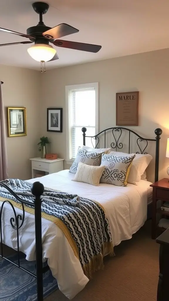 A cozy bedroom with a bed, decorative pillows, and a wall filled with framed photographs