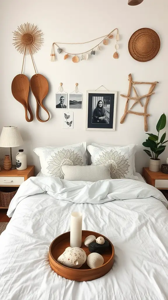 A cozy master bedroom featuring natural accessories, including shells on the bed, a variety of plants, and framed art.