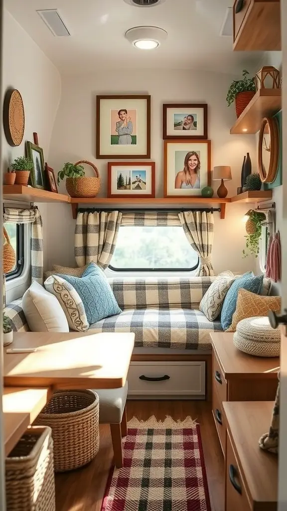 Cozy small camper interior decorated with personal touches like pillows, artwork, and baskets.