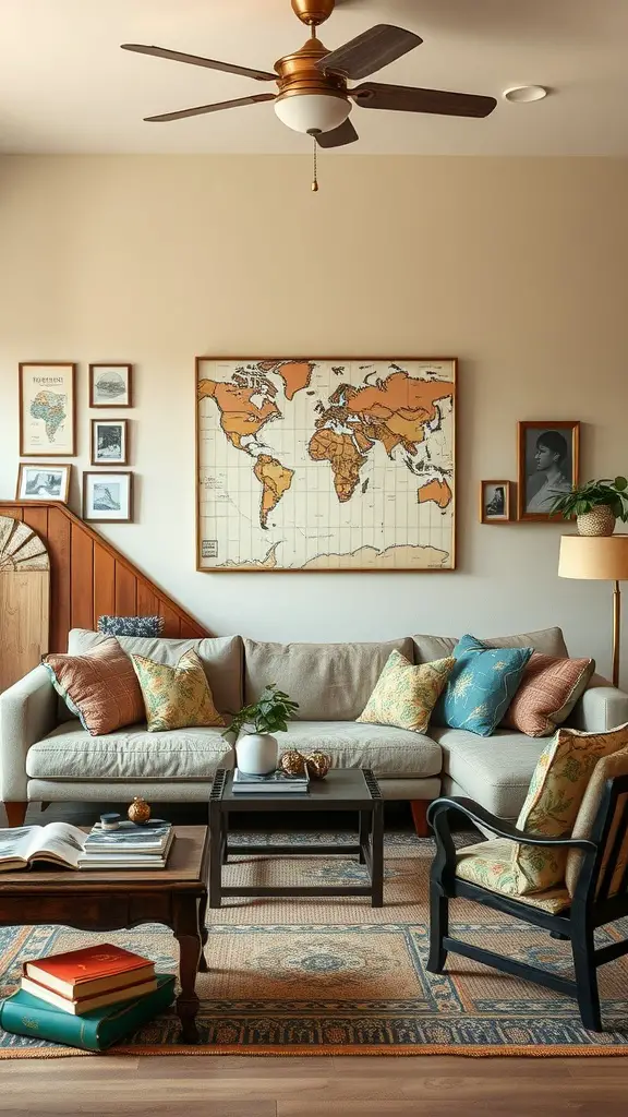 A cozy living room featuring a world map on the wall, colorful throw pillows on a sofa, and travel-inspired decor.