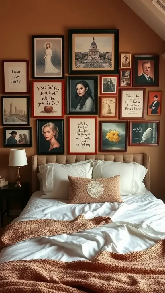 A cozy bedroom with a wall full of framed quotes and a clock, designed to inspire.
