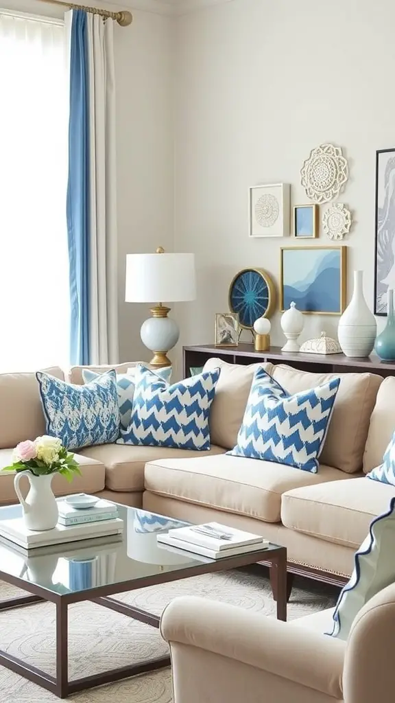 A cozy living room decorated in blue and white with a beige sofa, patterned pillows, and personalized accessories.