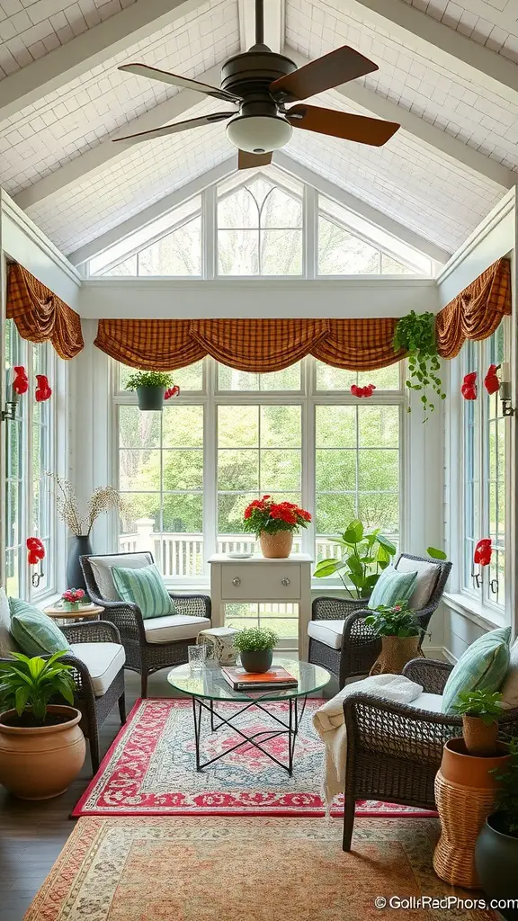 Bright sunroom with wicker furniture, plants, and vibrant curtains.