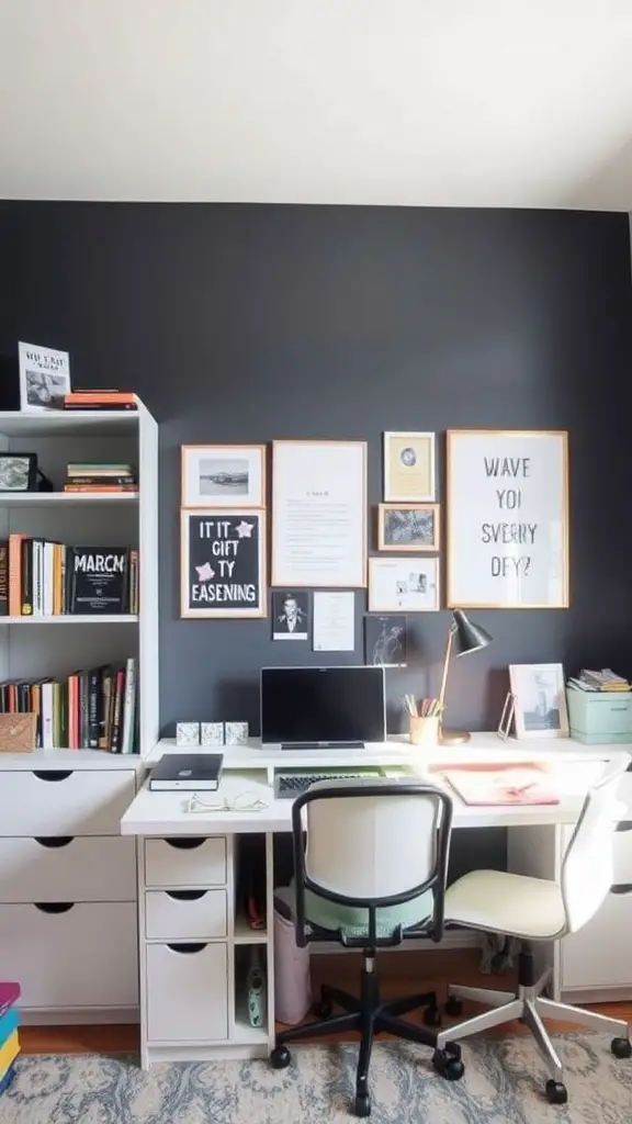 A personalized study space featuring a white desk with a computer, a stylish chair, and framed art on a dark wall.